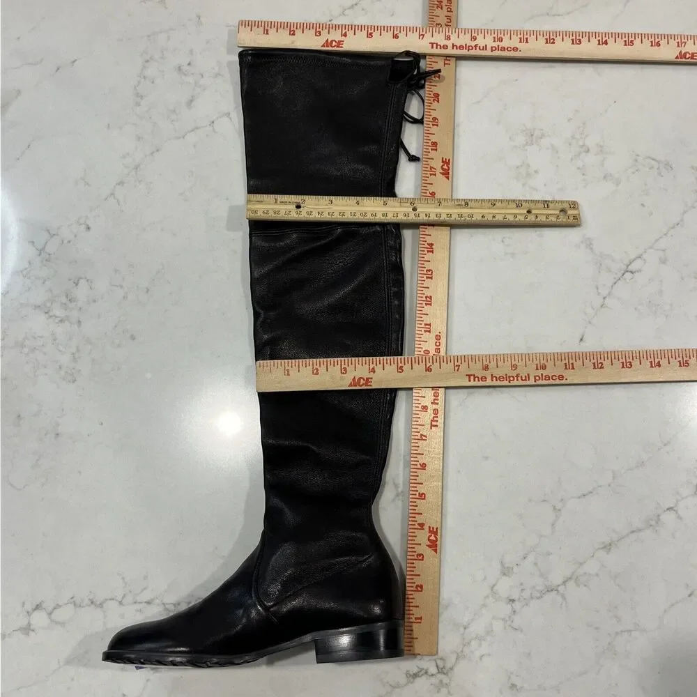 Stuart Weitzman Over Knee‎ Boots Black Leather Womens Sz 4 Low Stacked Heel